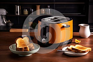 energy-efficient toaster, with toast popping up perfectly browned and crispy