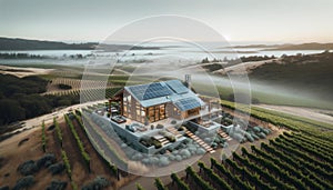 Energy-efficient vineyard farmhouse with solar panels and large windows, nestled among rolling hills. Generative AI