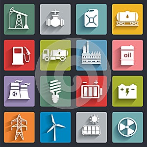 Energy, electricity, power vector flat icon set with shadows