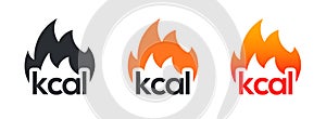 Energy fat burn kcal fire icon. Kilocalorie hot logo vector weight fitness flame graphic icon photo