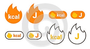 Energy fat burn kcal fire icon. Kilocalorie hot logo vector weight fitness flame graphic icon photo