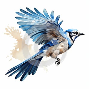 Energy-filled Watercolor Illustration Of A Blue Jay In Flight