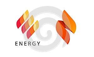Energy flame logo vector or gas ignite abstract logotype orange red yellow color 3d design isolated, concept of fire power torch