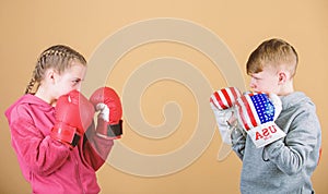 Energy health. punching knockout. Childhood activity. Sport success. Friendship fight. workout of small girl and boy