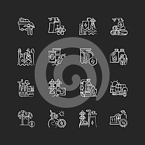 Energy industry chalk white icons set on black background