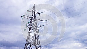 Energy industry. High-voltage wires on the support. power station. Production and transportation of electrical energy