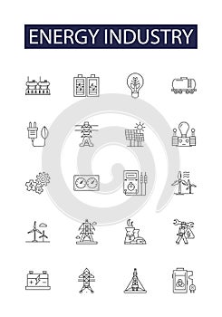 Energy industry line vector icons and signs. Electricity, Renewable, Solar, Wind, Oil, Gas, Nuclear, Hydro outline