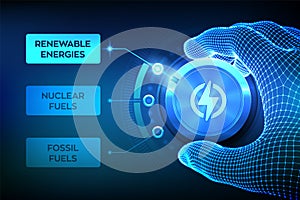 Energy industry sectors. Wireframe hand turning an energy transition button to switch from fossil fuels to renewable energies.