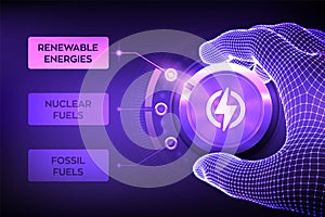 Energy industry sectors. Wireframe hand turning an energy transition button to switch from fossil fuels to renewable energies.