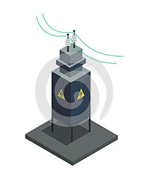 Energy power grid isometric. Power distribution element with electric transformer. Electric transmission network