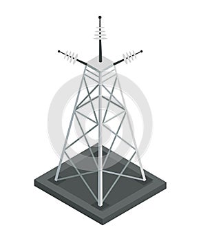 Energy power grid isometric. Power distribution element with wind and high voltage electricity grid pylon. Electric