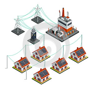 Energy power grid isometric. Power distribution with family house, wind and high voltage electricity grid pylons