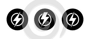 Energy power icon with lightning bolt. Speed, boost, and electricity symbol in black circle