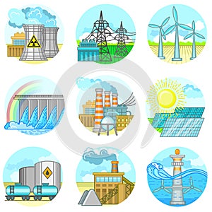 Energy power plant and factory. Set of illustration in flat style Nuclear energy industrial concept. Eco Green Energy concept