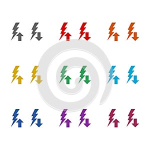 Energy reduction rising or falling icon isolated on white background. Set icons colorful