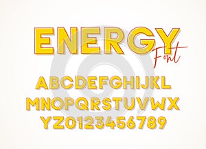 Energy sans serif font. Vector alphabet design. Yellow effect with orange outlines and shadow