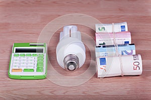 Energy saving bulbs with calculator and money.