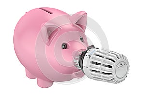 Energy saving concept, piggy bank with radiator thermostatic