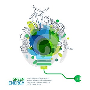 Energy saving concept. Vector illustration of light bulb with outline trees, alternative wind and solar energy generators.