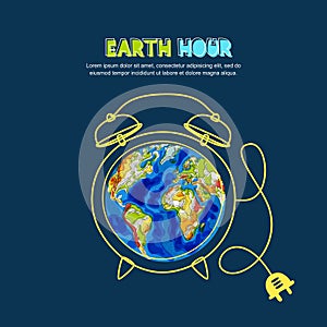 Energy saving and Earth hour concept. Vector illustration of green Earth planet in alarm clock shape on blue background.