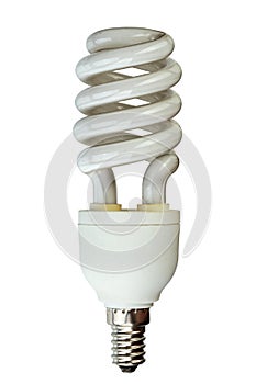 Energy saving fluorescent lamps at a white bakery isolated on white background. The lamp is dusty and burnt out