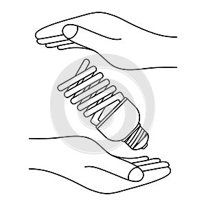 Energy saving fluorescent light bulb icon. Concept of ideas, inspiration, effective thinking. Lightbulb between two human hands as
