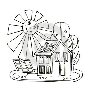 Energy saving illustration hand drawing wih solar battery.