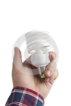 Energy saving lamp in the man's hand