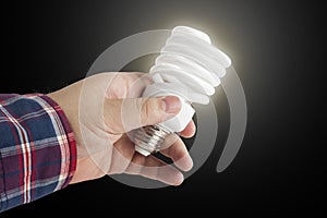 Energy saving lamp in the man's hand