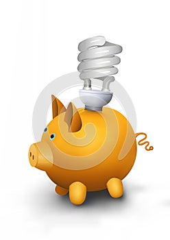 Energy saving lamp on piggy bank.