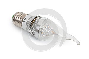 Energy saving LED light-emitting diode candle bulb with socket type E27 isolated on a white background, close up