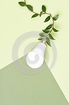 Energy saving light bulb on green branch cable, Green energy concept.