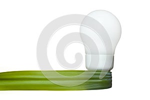 Energy saving light bulb with a green leaf ribbon