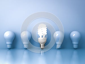 Energy saving light bulb , one glowing compact fluorescent lightbulb standing out from unlit incandescent bulbs on blue