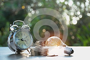 Energy saving light bulb and tree growing on stacks of coins on