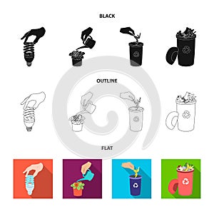 Energy-saving light bulb, watering a houseplant and other web icon in black,flat,outline style. garbage can with waste