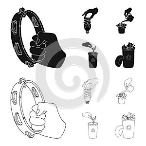 Energy-saving light bulb, watering a houseplant and other web icon in black,outline style. garbage can with waste and