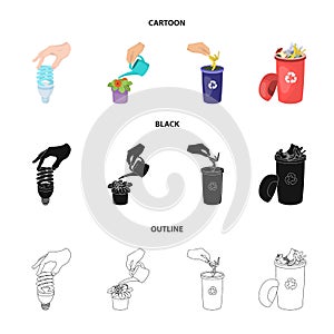 Energy-saving light bulb, watering a houseplant and other web icon in cartoon,black,outline style. garbage can with