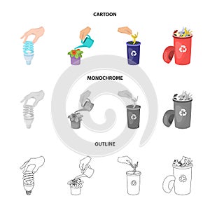 Energy-saving light bulb, watering a houseplant and other web icon in cartoon,outline,monochrome style. garbage can with