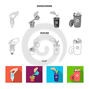 Energy-saving light bulb, watering a houseplant and other web icon in flat,outline,monochrome style. garbage can with