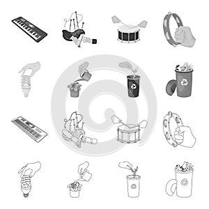 Energy-saving light bulb, watering a houseplant and other web icon in outline,monochrome style. garbage can with waste