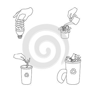 Energy-saving light bulb, watering a houseplant and other web icon in outline style. garbage can with waste and garbage