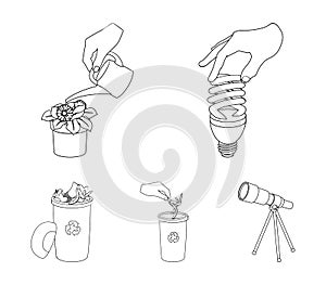 Energy-saving light bulb, watering a houseplant and other web icon in outline style. garbage can with waste and garbage