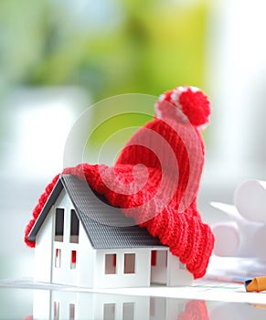 Energy saving Red Knitted Hat on Miniature House