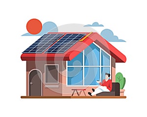 Energy Saving with Solar Cell Roof Relaxing Outdoors Vector Illustration