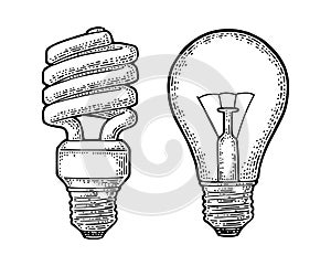 Energy saving spiral lamp and glowing light incandescent bulb. Engraving photo