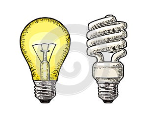 Energy saving spiral lamp and glowing light incandescent bulb. Engraving