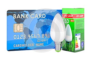 Energy savings LED lamp with credit card. Saving energy consumption concept. 3D rendering
