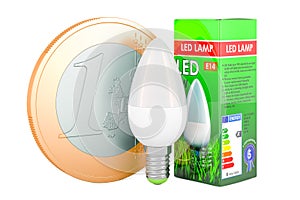 Energy savings LED lamp with euro coin. Saving energy consumption concept. 3D rendering