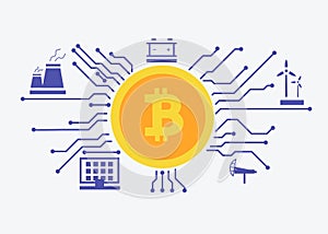 Energy sources design for maining bitcoin. Microchip concept as infographic